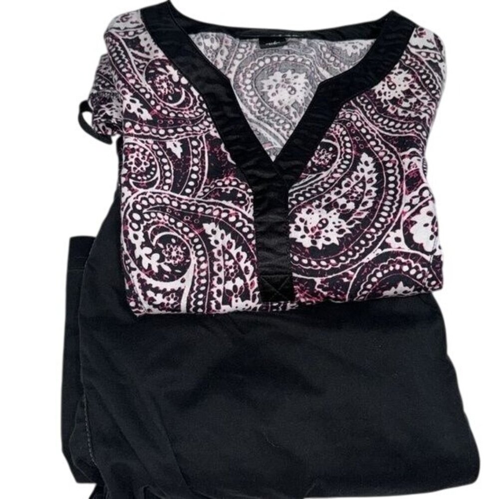 Rampage Womens Paisley Print Scrub Top & Black Pants Set S Cotton Blend